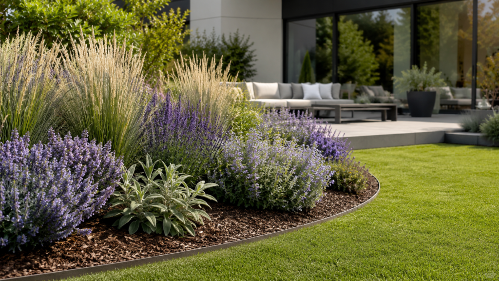 Pflegeleichtes Staudenbeet mit Ziergräsern, Lavendel, Salbei, Katzenminze, Mulchfläche und moderner Terrasse