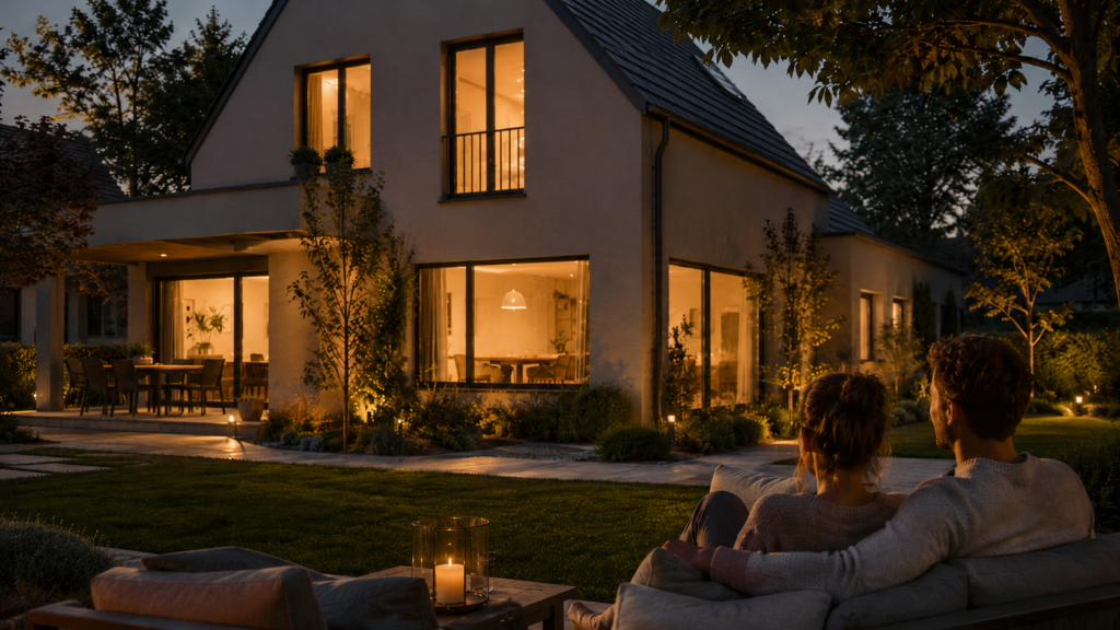 Sicheres Zuhause am Abend mit Familie, Beleuchtung, Struktur und geschützter Wohnatmosphäre
