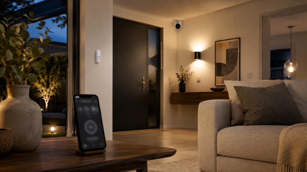 Smart Home Sicherheit mit dezenten Sensoren und App-Steuerung für ein geschütztes Zuhause
