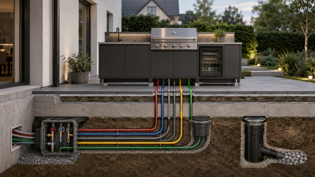 Anschlussschema einer Outdoor-Küche mit Strom, Trinkwasser, Abwasser, Gas und Leerrohren Outdoor-Küche planen
