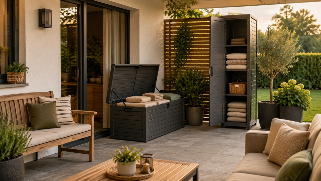 Terrassenmöbel mit geordnetem Stauraum für trockene Sitzauflagen und Decken