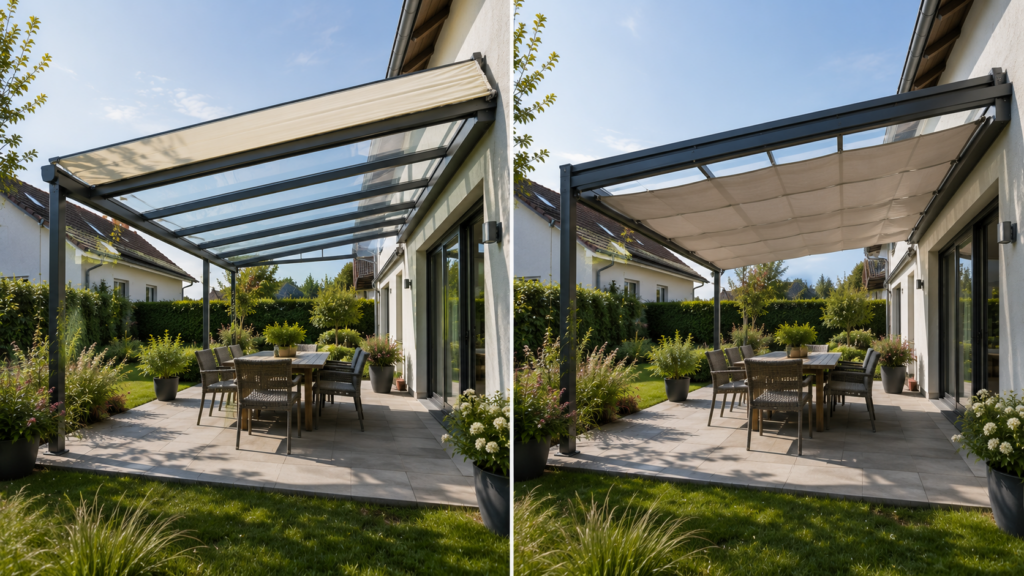 Aufdachmarkise und Unterdachmarkise unter einer Terrassenüberdachung