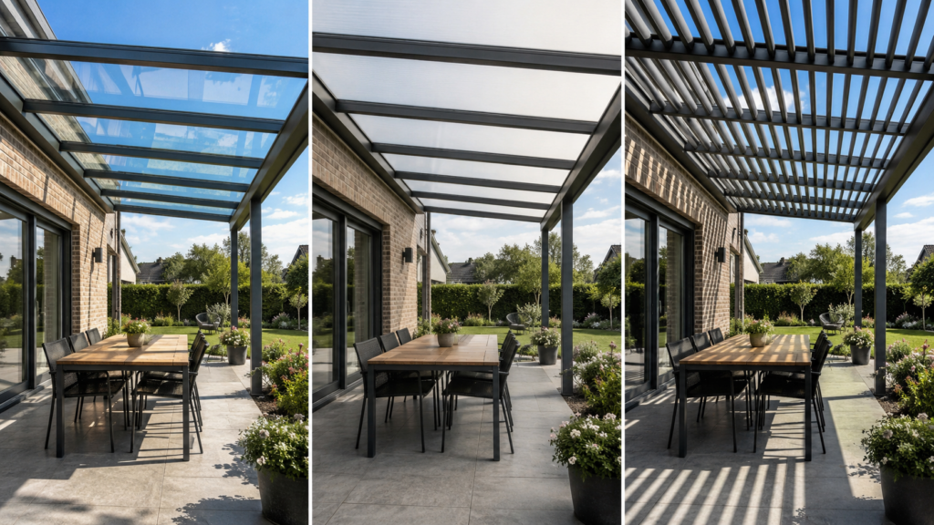 Glasdach, Polycarbonatdach und Lamellendach für eine Terrasse