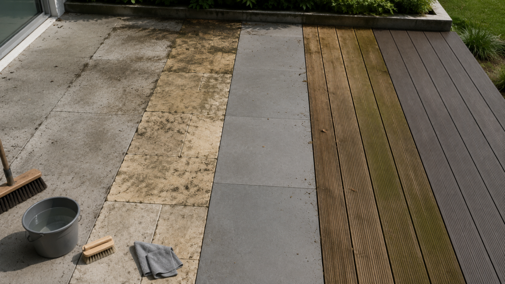 Beton, Naturstein, Keramik, Holz und WPC im Reinigungsvergleich. Terrasse richtig reinigen.