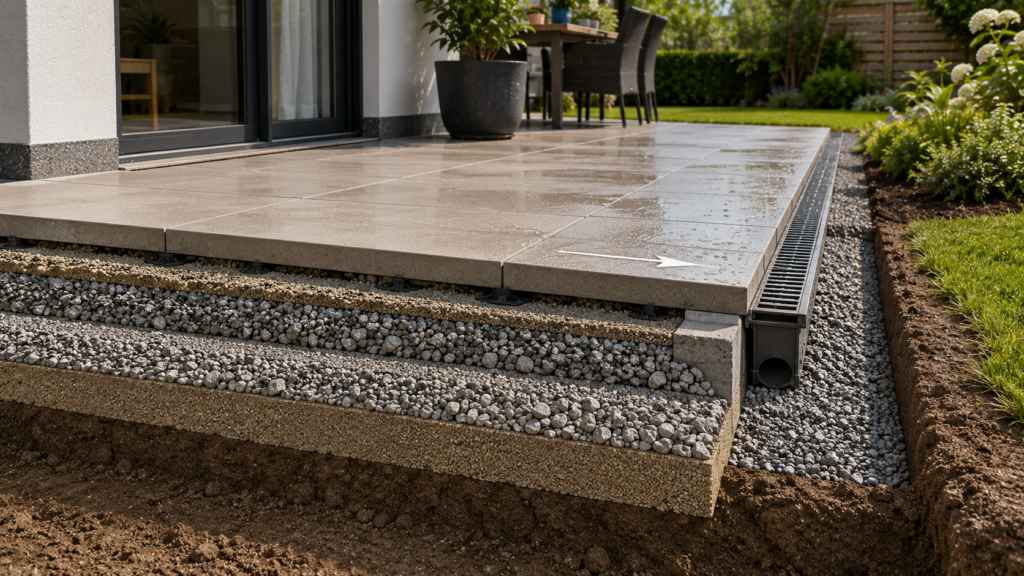 Unterbau einer Terrasse mit Frostschutz, Splittbett, Gefälle und Entwässerung