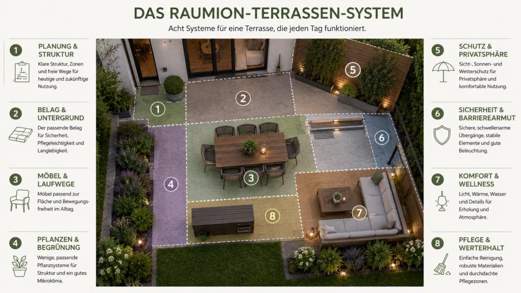 RAUMION-Terrassen-System mit Planung, Belag, Möbeln, Pflanzen, Schutz, Sicherheit, Komfort und Pflege
