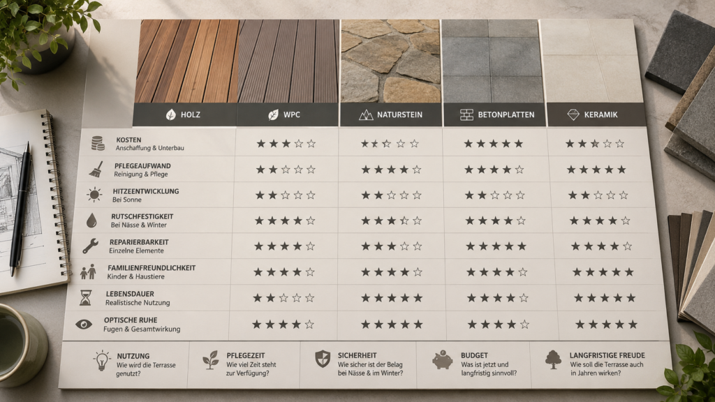 Entscheidungsmatrix für Holz, WPC, Naturstein, Beton und Keramik auf der Terrasse - Terrassenbelag im Vergleich