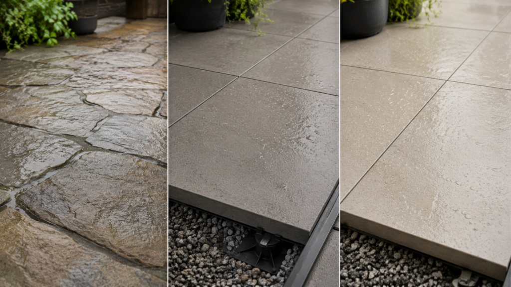 Naturstein, Betonplatten und Feinsteinzeug als Terrassenbelag im Detail