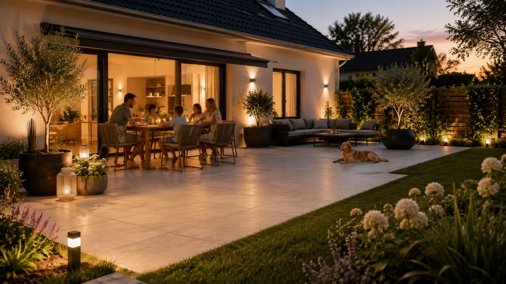 Familie genießt eine sichere und pflegeleichte Terrasse mit ruhigem Terrassenbelag