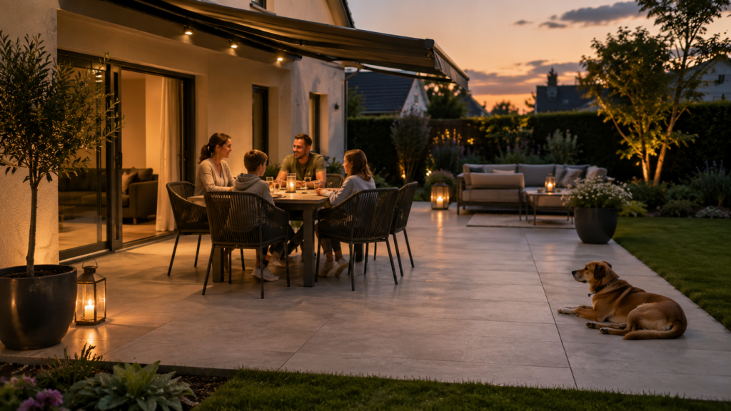 Familie genießt eine saubere und gepflegte Terrasse am Abend