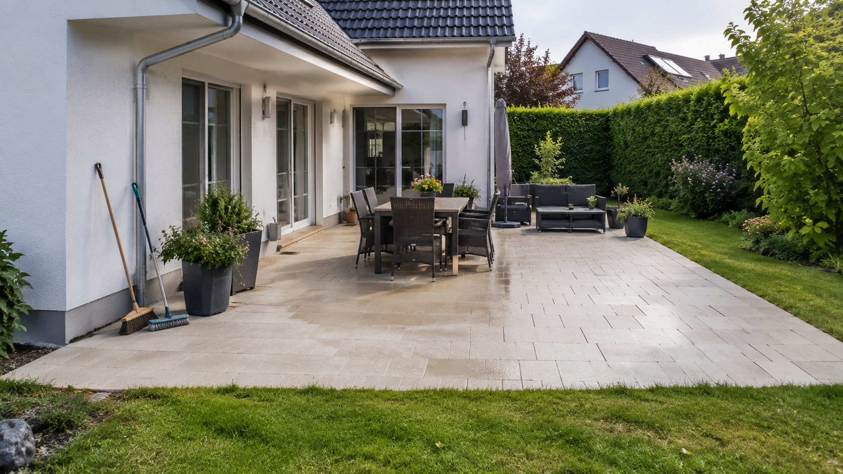 Saubere Familienterrasse mit hellem Terrassenbelag, Essplatz und freien Laufwegen