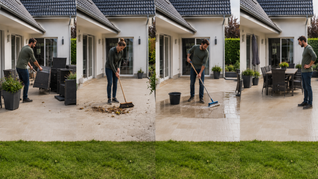 Terrasse räumen, kehren, bürsten und nach der Reinigung kontrollieren