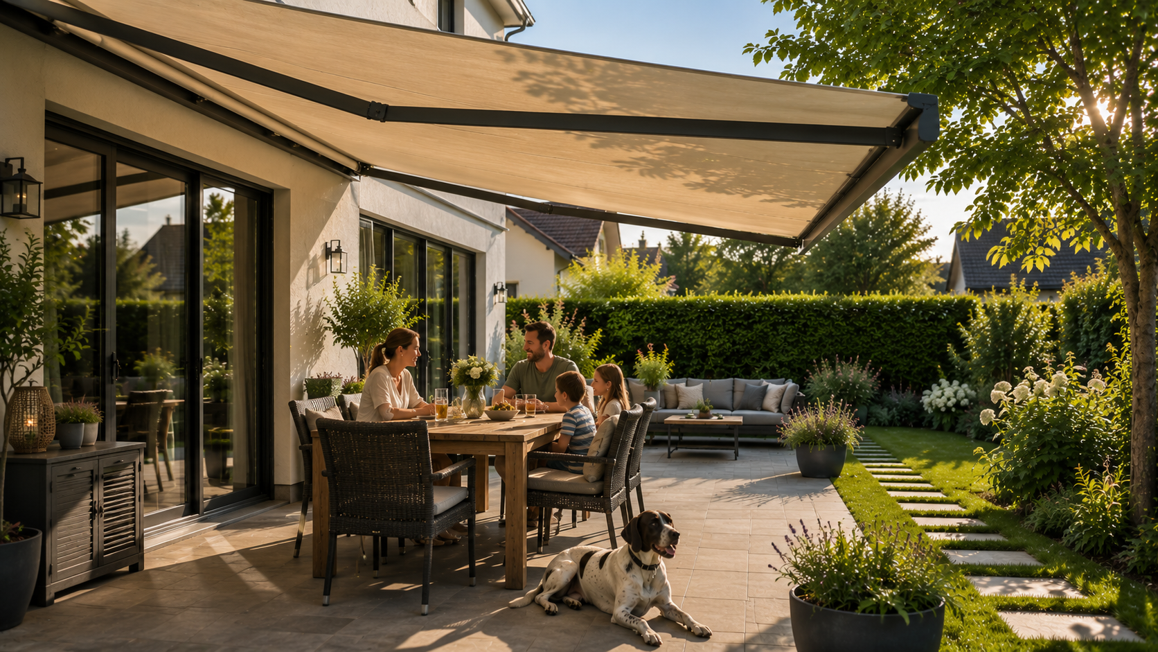 Familie genießt eine beschattete Terrasse mit Markise, Essplatz und freien Laufwegen