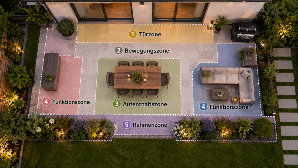 Terrassengrundriss mit Essplatz, Lounge, freien Laufwegen und bepflanzter Randzone