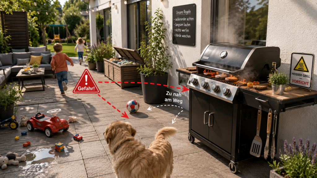 Heißer Grill zu nah am Spielbereich und Hauptweg einer Familienterrasse