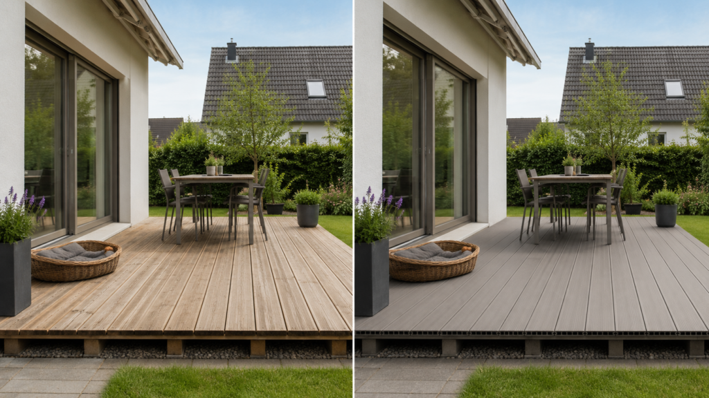 Holzterrasse und WPC-Terrasse im direkten Vergleich für einen Familienhaushalt