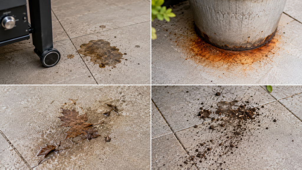Fettfleck, Rostfleck, Laubfleck und Erde auf Terrassenplatten