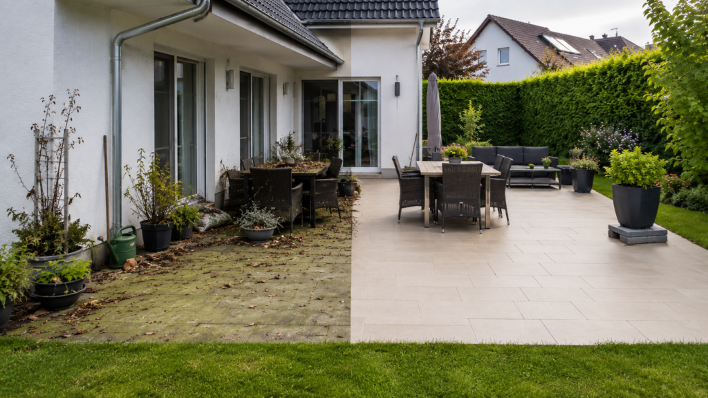 Ungepflegte und regelmäßig richtig gereinigte Terrasse im Vorher-nachher-Vergleich