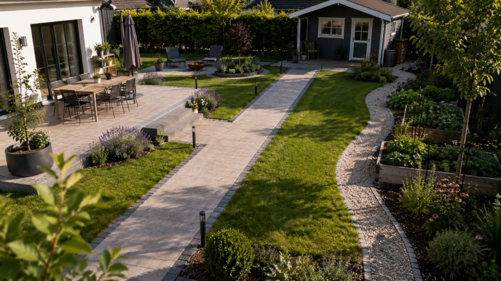 Hauptweg und Nebenweg verbinden Terrasse, Gartenhaus und Beete