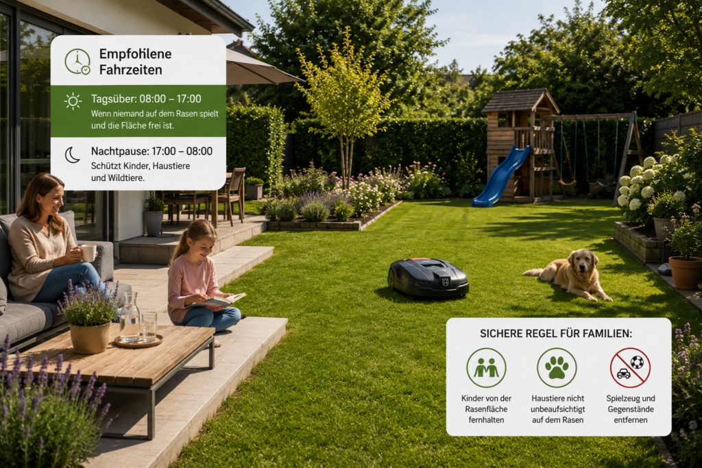 Mähroboter arbeitet tagsüber auf freier Rasenfläche während Kinder auf der Terrasse bleiben