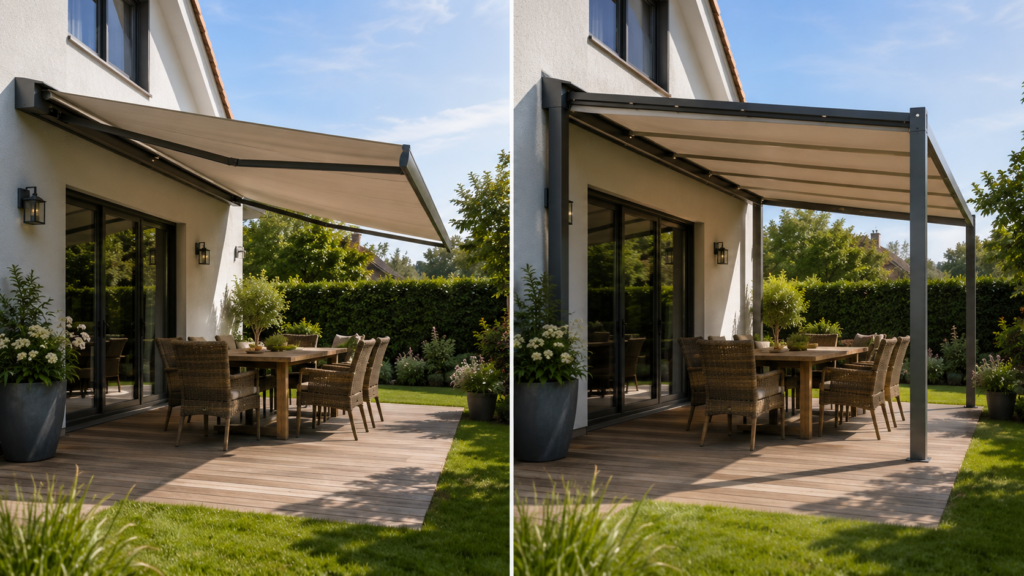 Markise und Pergolamarkise auf einer Terrasse im Vergleich