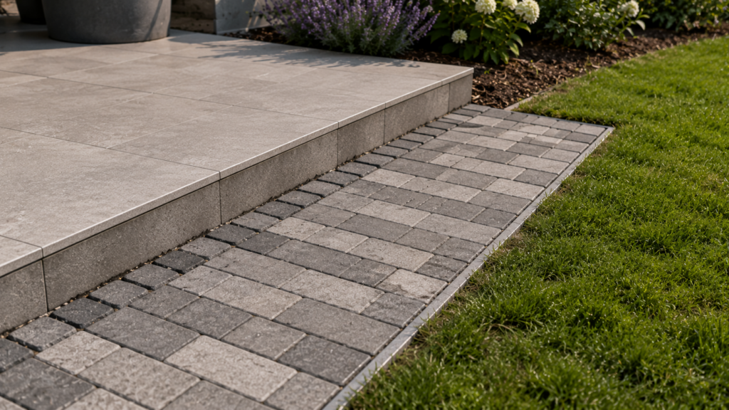 Bündiger Materialübergang zwischen Terrassenplatten, Gartenweg und Rasen