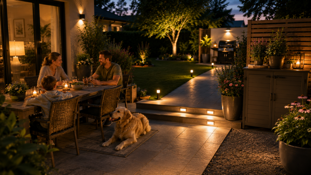 Familie und Hund genießen eine sicher gestaltete Terrasse mit freien Wegen und warmer Beleuchtung