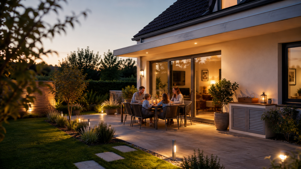 Familie genießt eine ruhig gestaltete Terrasse mit Pflanzen, freien Wegen und warmem Licht Terrasse gestalten