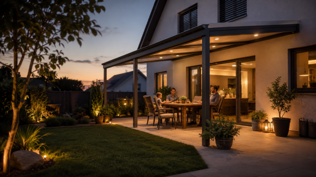 Familie genießt den Abend unter einer Terrassenüberdachung
