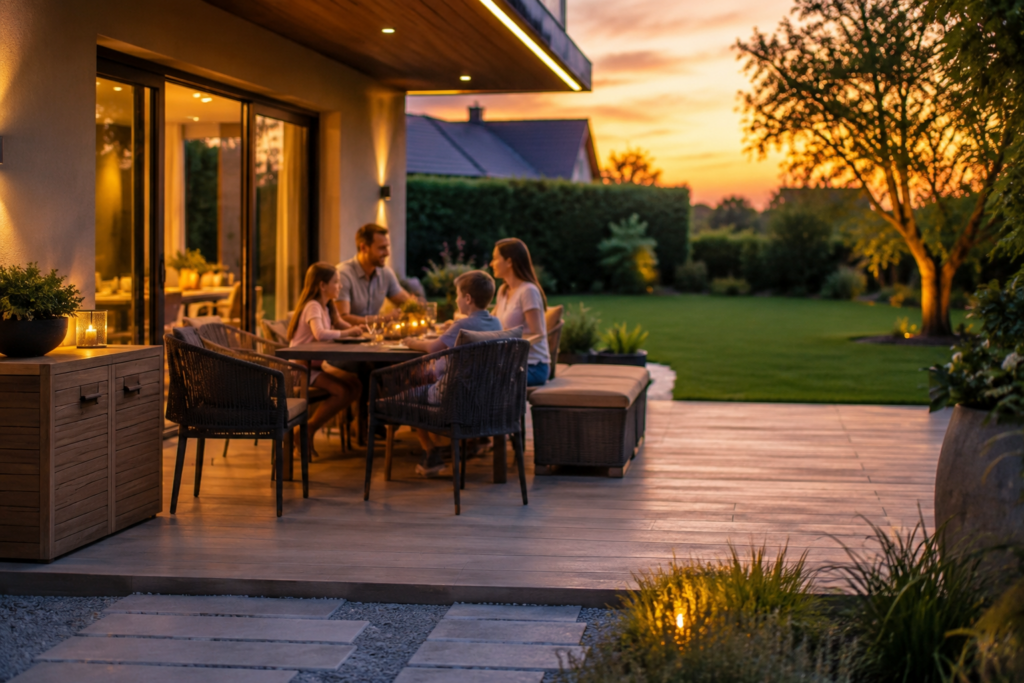 Familie genießt den Abend auf einer Terrasse mit passenden Möbeln und freien Laufwegen