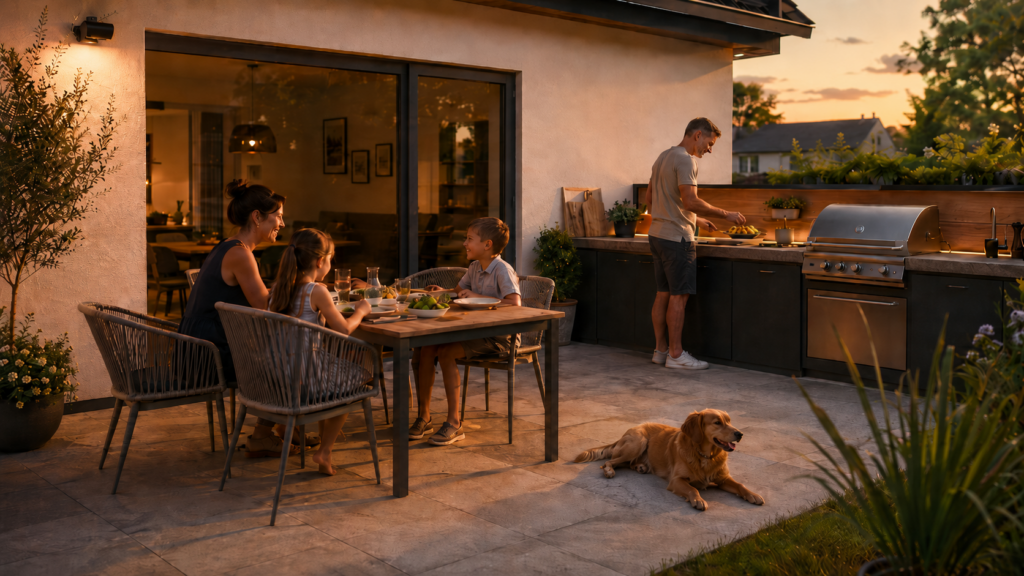 Familie genießt einen ruhigen Abend an einer gut geplanten Outdoor-Küche und Terrasse
