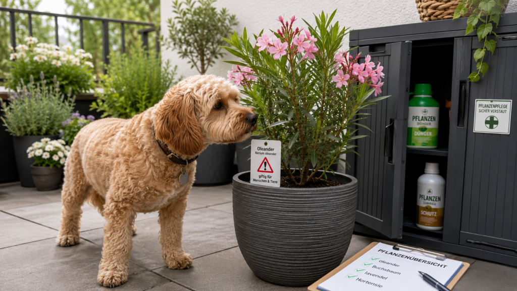 Hund neben niedrig erreichbarer Kübelpflanze auf einer Familienterrasse
