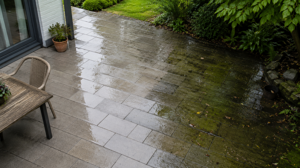 Rutschige Terrassenplatten mit Grünbelag und Regenwasser