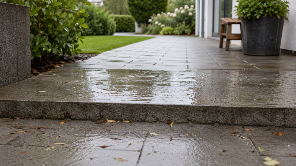 Nasse rutschige Terrassenstufe mit schlecht erkennbarer Kante nach Regen