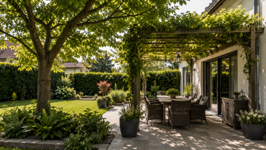 Natürlicher Sonnenschutz durch Baum und begrünte Pergola auf der Terrasse