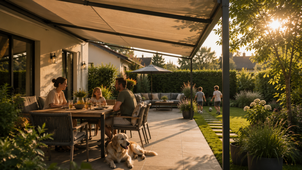 Familie genießt eine beschattete Terrasse an einem warmen Nachmittag.Sonnenschutz Terrasse