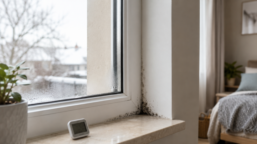 Schimmel am Fensterrahmen mit Kondenswasser und Hygrometer in einem Schlafzimmer