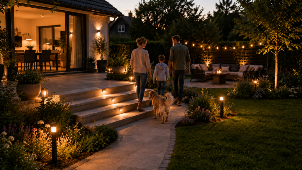  Familie nutzt sichere Gartenstufen zwischen Terrasse und Garten