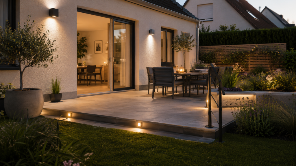 Sichere barrierearme Terrasse mit freien Laufwegen und gut sichtbaren Stufen