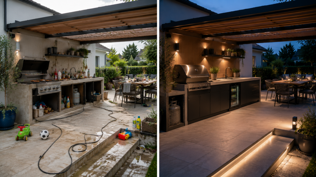 Unsichere und sicher geplante Outdoor-Küche im Vorher-nachher-Vergleich
