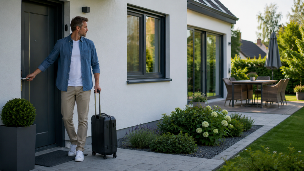 Sicherheitsrundgang vor dem Urlaub an Haustür Fenstern und Terrassentür