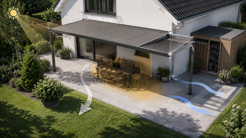 Sonnenschutz auf der Terrasse nach Sonnenweg, Nutzung und Wind planen