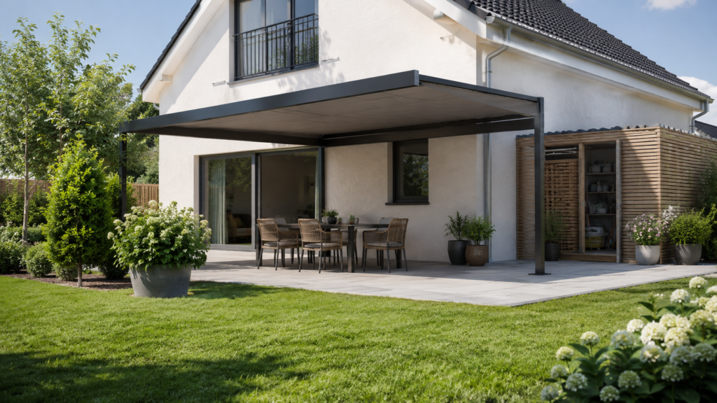 Sonnenschutz auf einer familienfreundlichen Terrasse mit beschattetem Essplatz. Sonnenschutz Terrasse