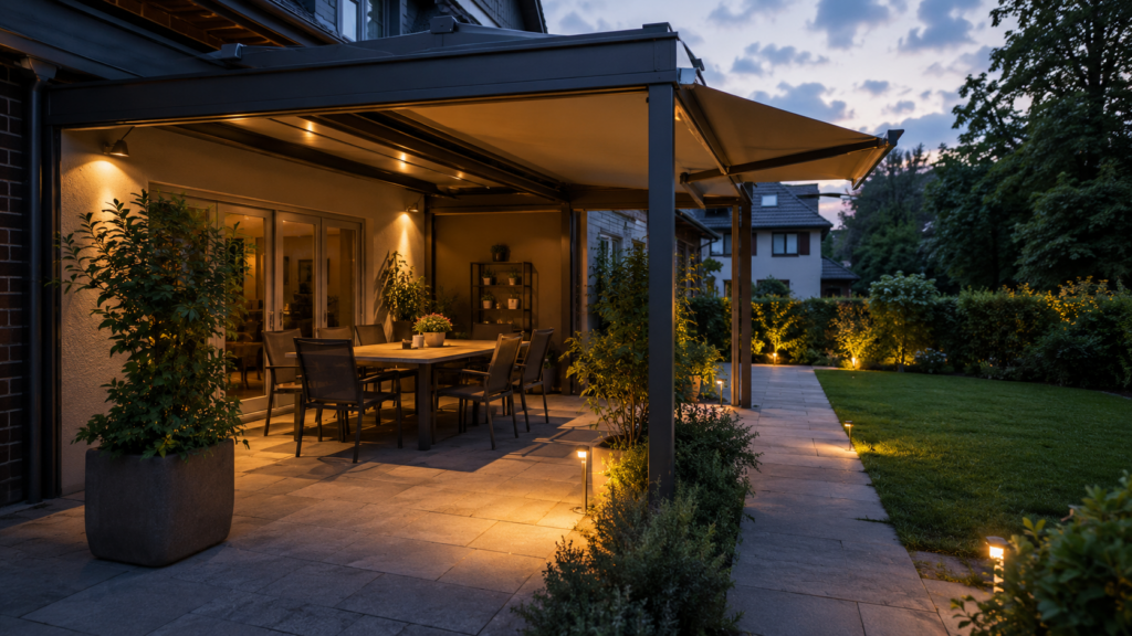 Terrassenüberdachung mit Sonnenschutz und warmer Beleuchtung