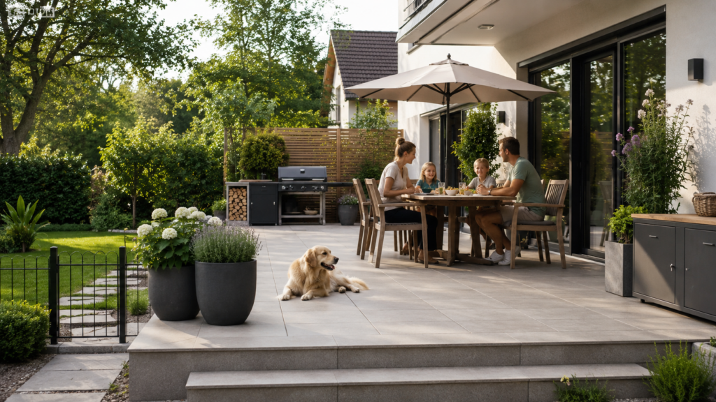 Sicher gestaltete Familienterrasse mit freien Laufwegen, stabilen Pflanzkübeln und getrenntem Grillbereich Terrasse sicher gestalten
