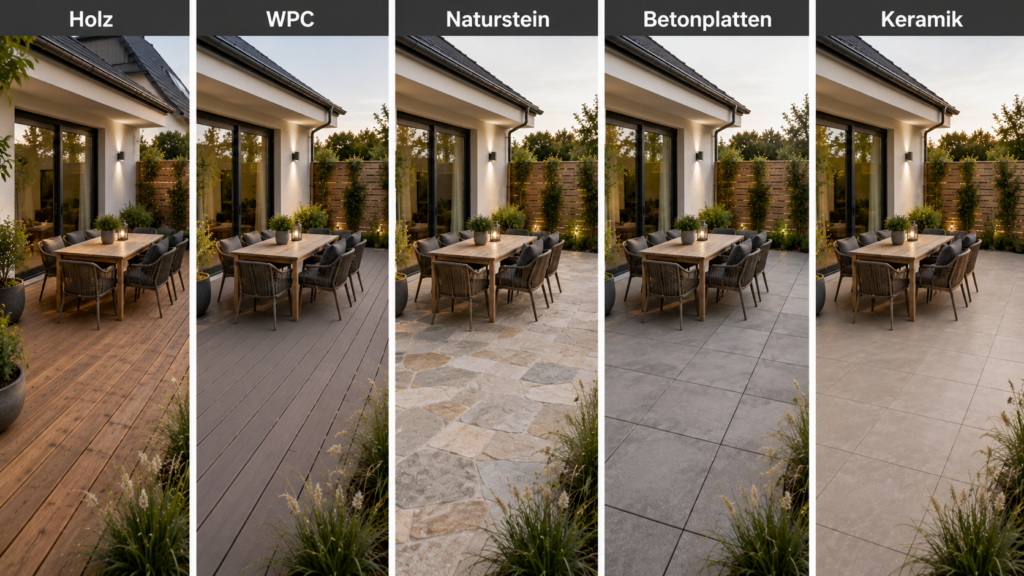 Holz, WPC, Naturstein, Beton und Keramik als Terrassenbelag im Vergleich