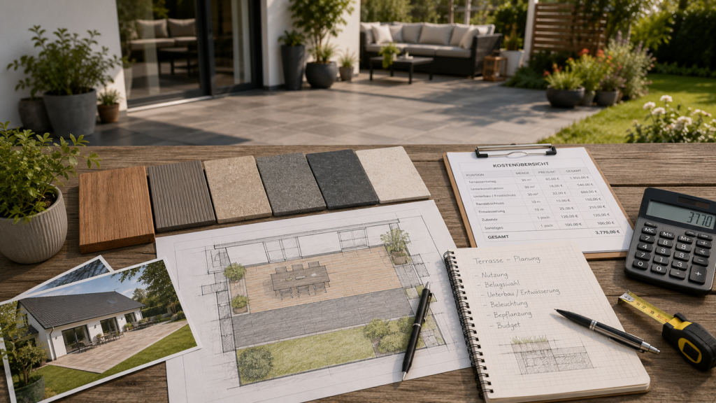 Terrassenbelag mit Materialmustern, Grundriss und Kostenübersicht planen