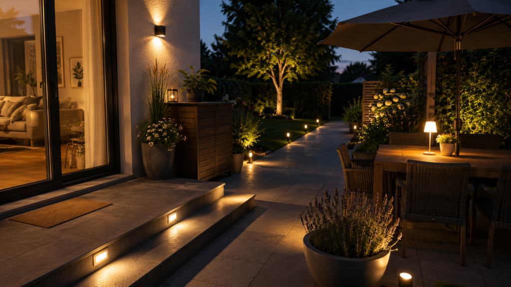 Blendfrei beleuchtete Terrasse mit sichtbarer Stufe, freiem Gartenweg und warmem Tischlicht