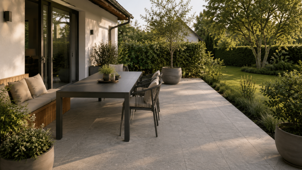 Terrassenmöbel aus Aluminium und Holz mit beigen Textilien und ruhiger Bepflanzung