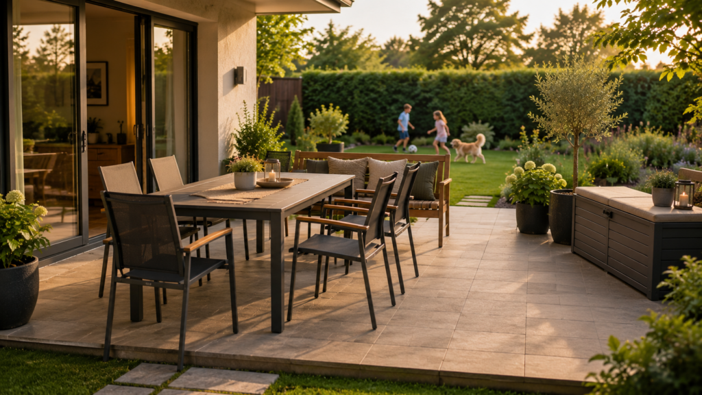 Stabile Terrassenmöbel mit freien Laufwegen auf einer sicheren Familienterrasse